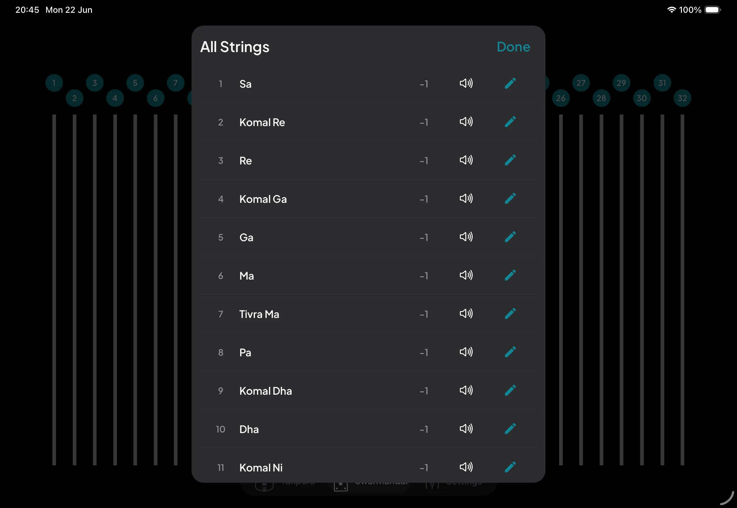 The All Strings modal listing every string with its note, octave offset, preview, and edit button