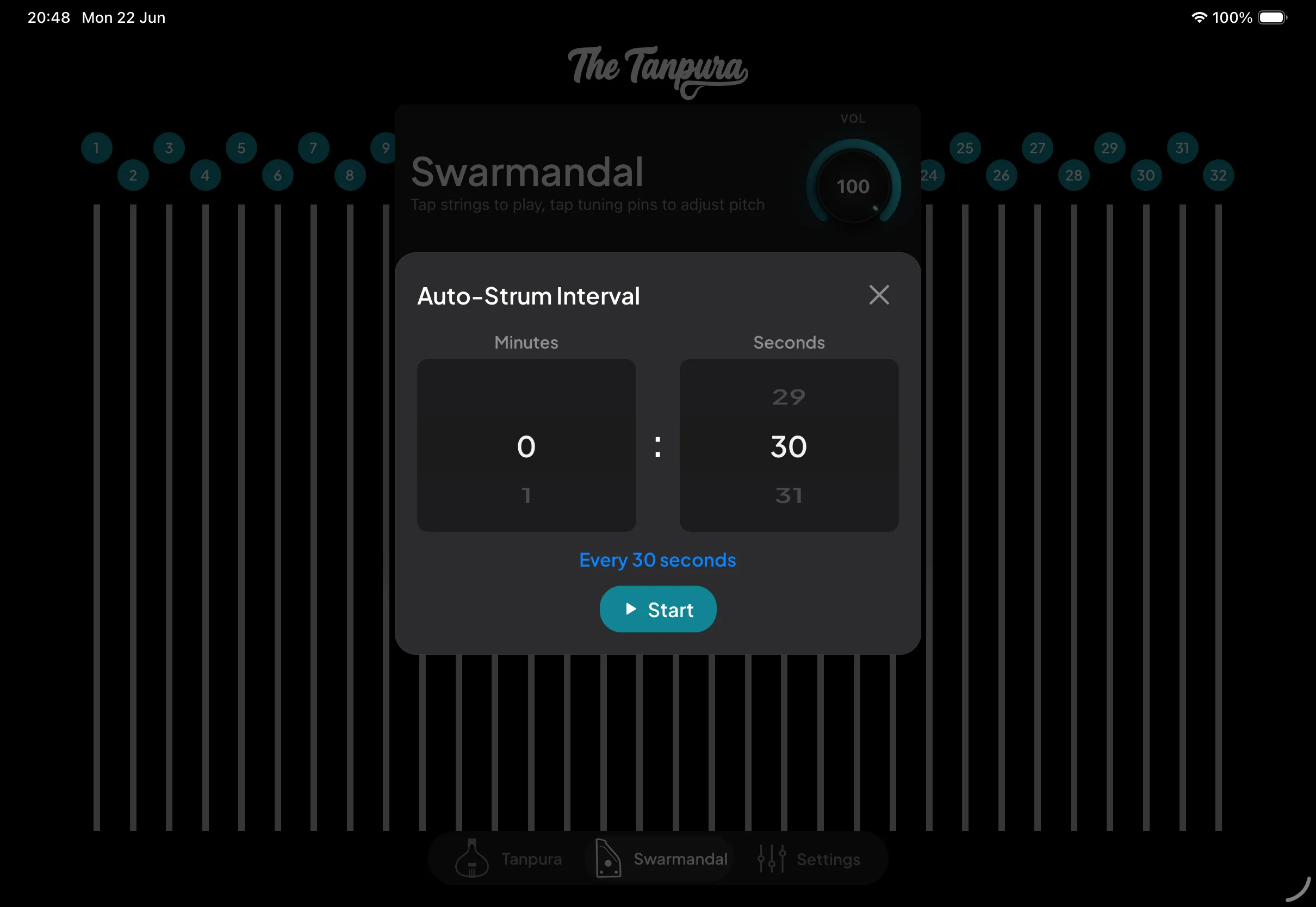 The Auto-Strum Interval modal with a minutes-and-seconds wheel picker