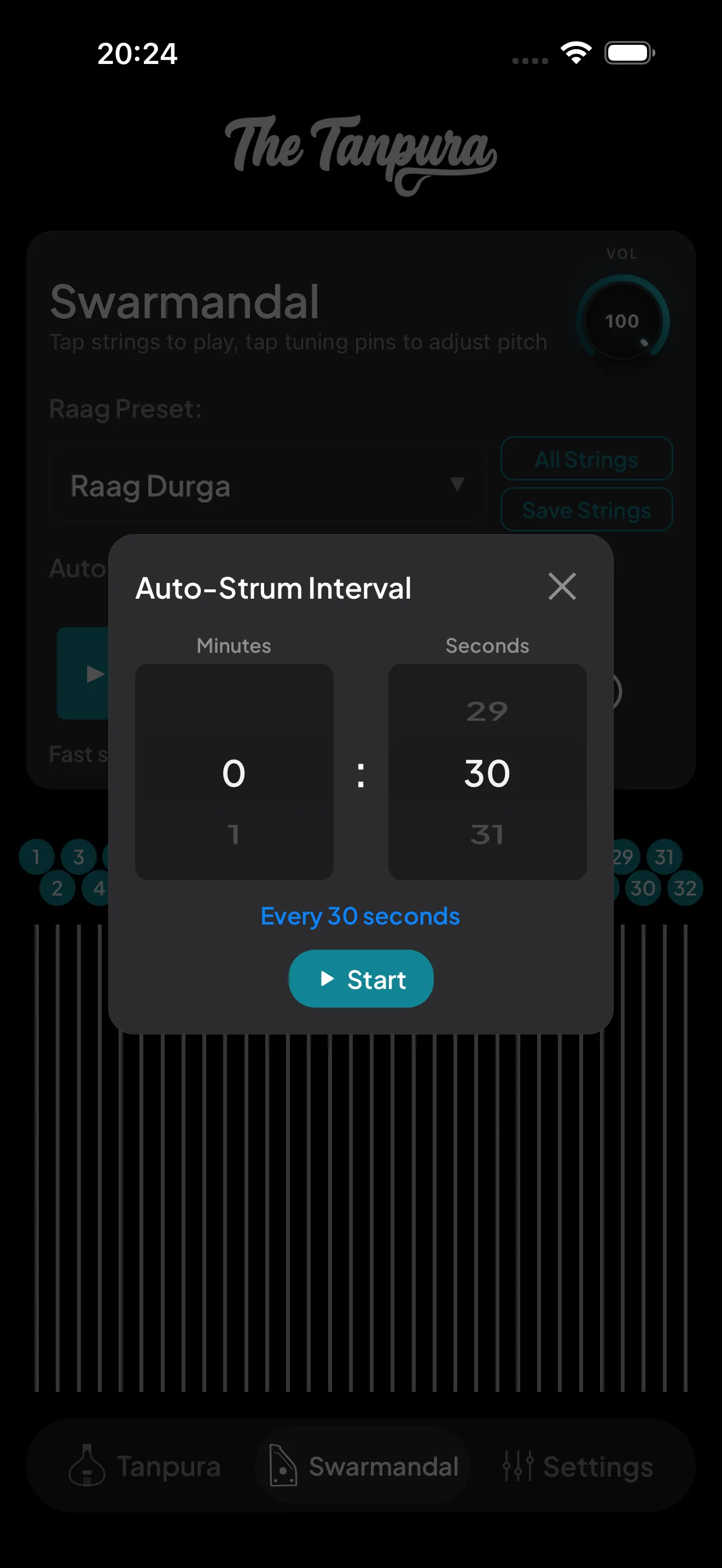The Auto-Strum Interval modal with a minutes-and-seconds wheel picker