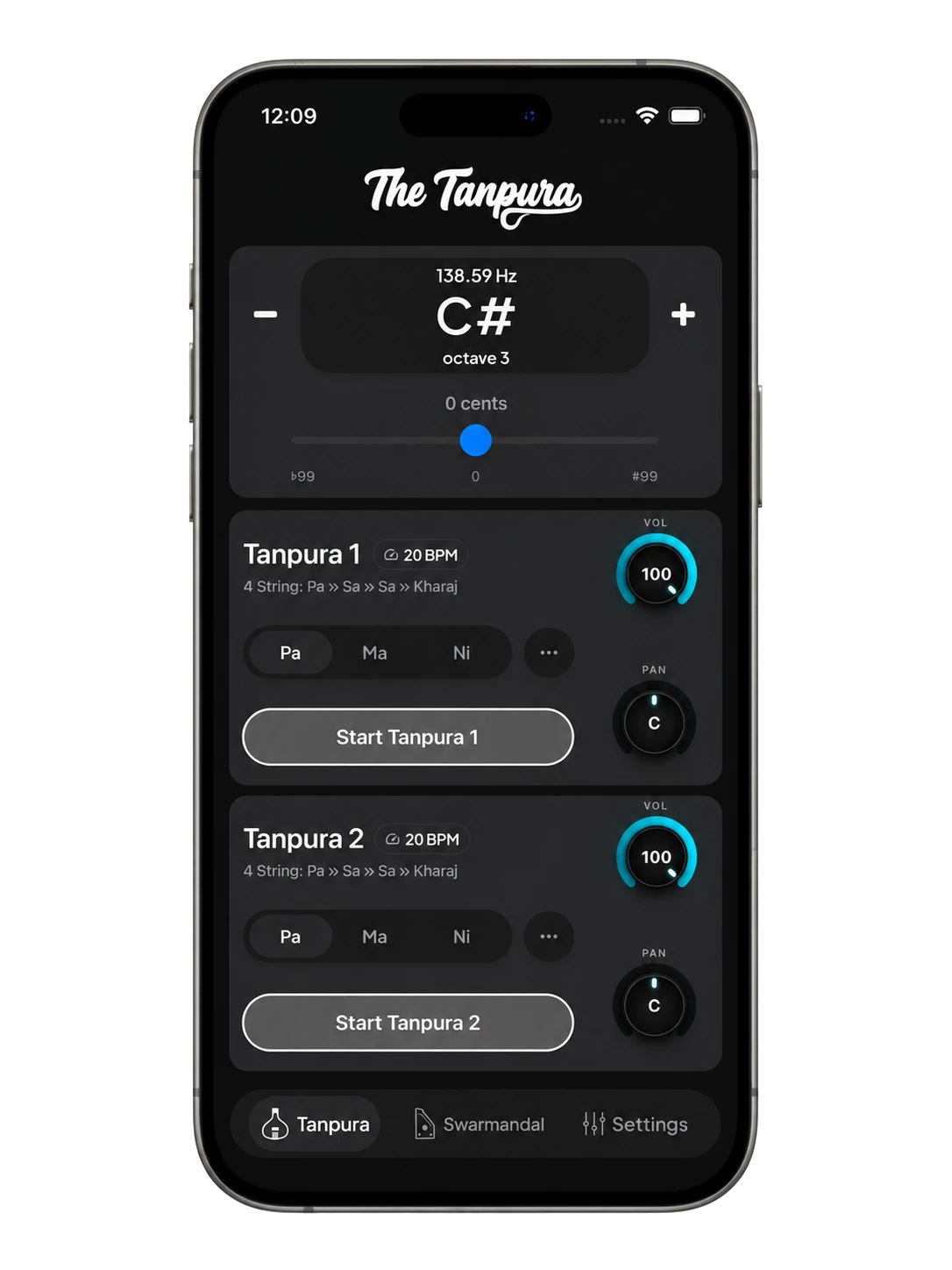 The Tanpura app on iPhone