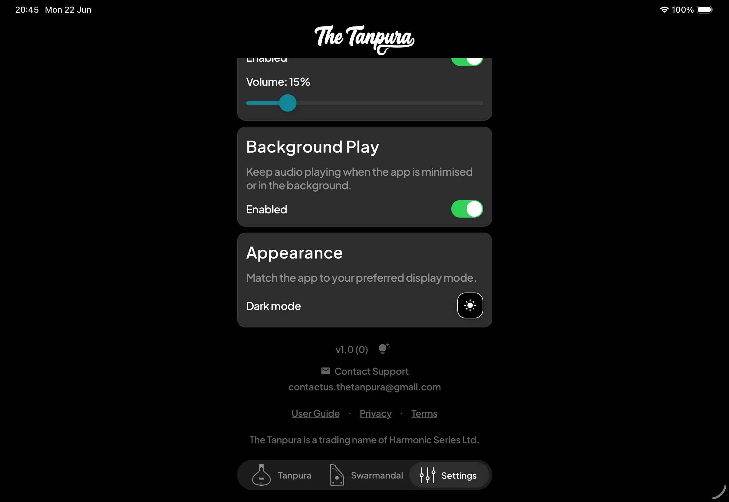 The bottom of the Settings tab showing the app version, Contact Support email, and User Guide, Privacy, and Terms links