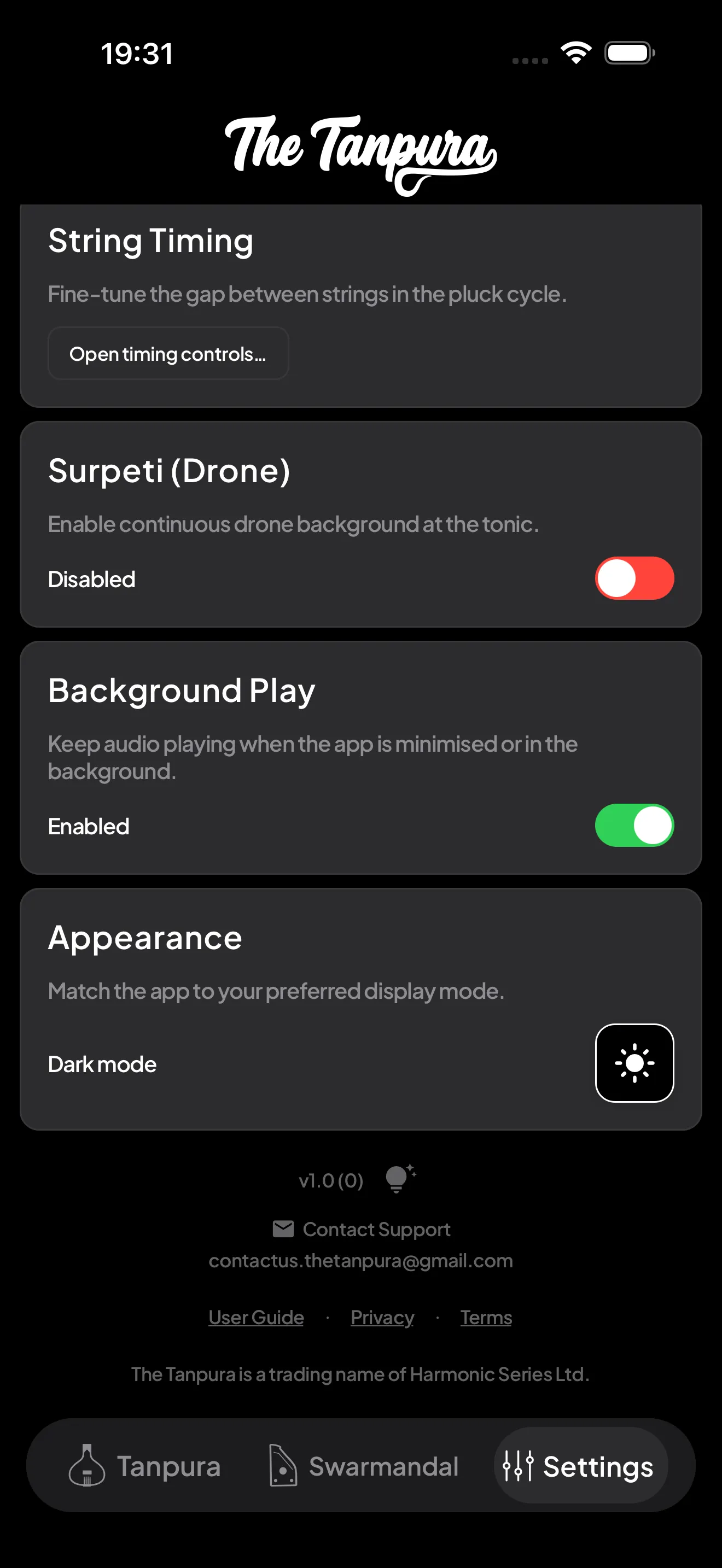 The bottom of the Settings tab showing the app version, Contact Support email, and User Guide, Privacy, and Terms links