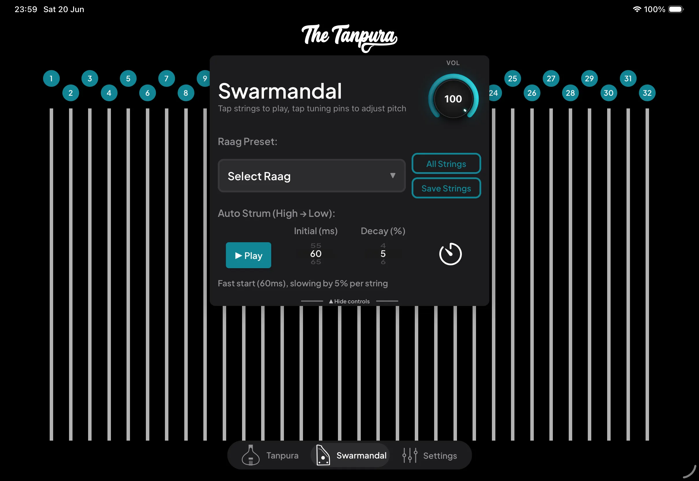 The Swarmandal tab showing the control card and all 32 numbered string pins laid out down the screen