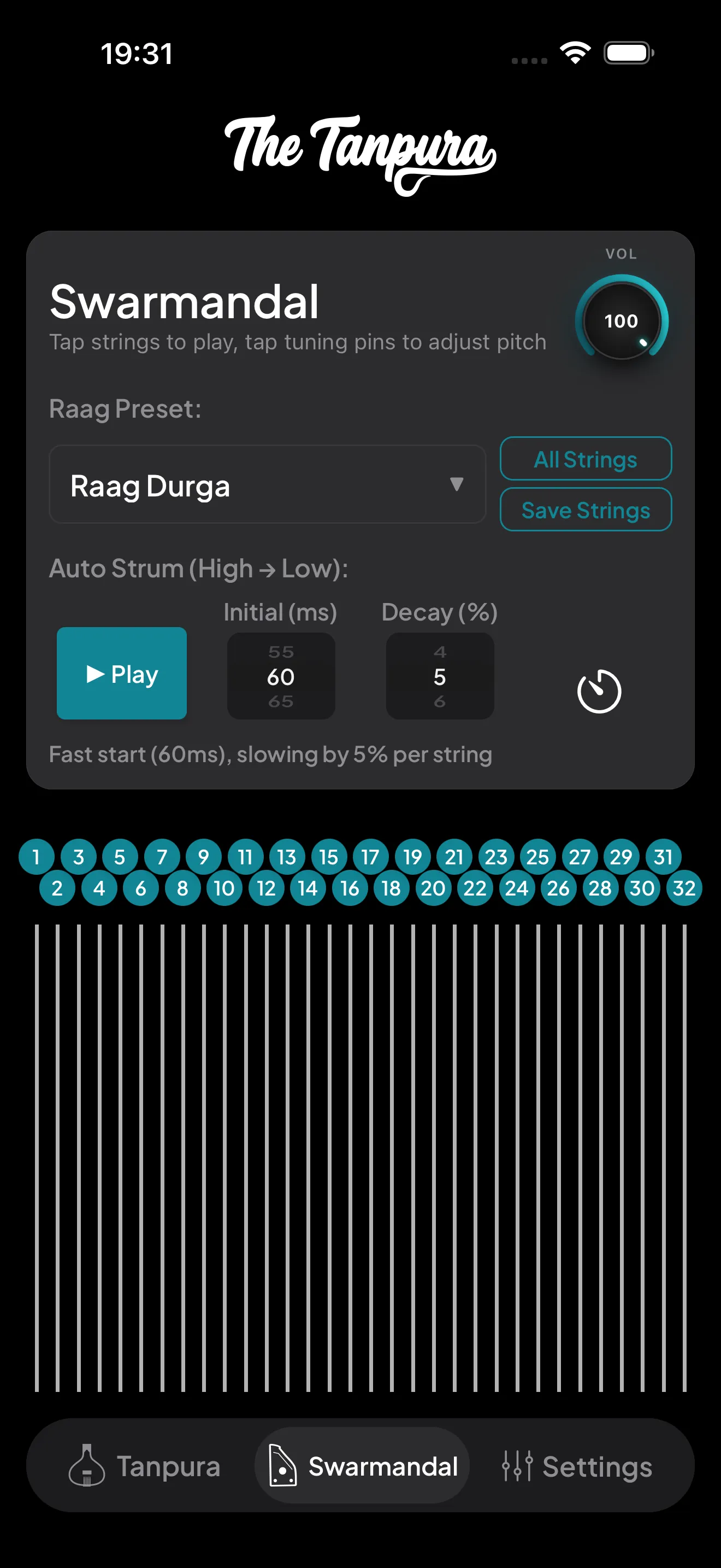 The Swarmandal tab showing the control card and all 32 numbered string pins laid out down the screen