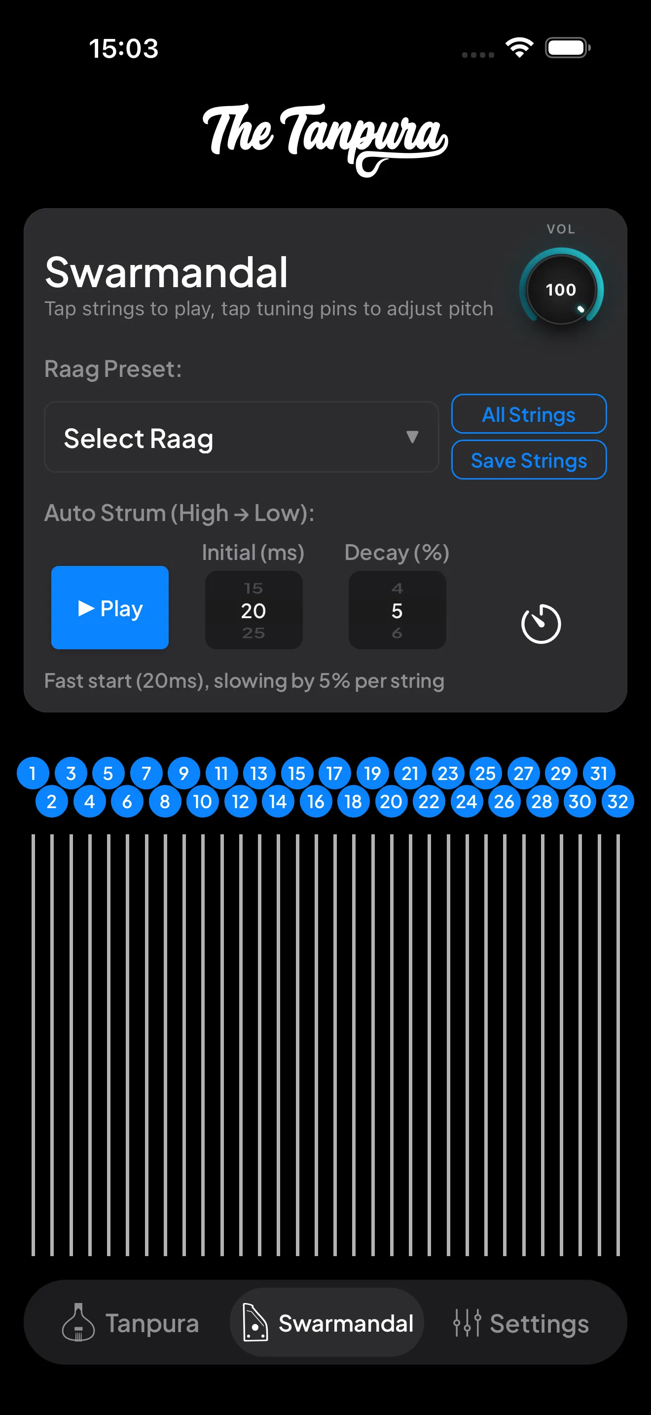 The Swarmandal tab showing the control card and all 32 numbered string pins laid out down the screen