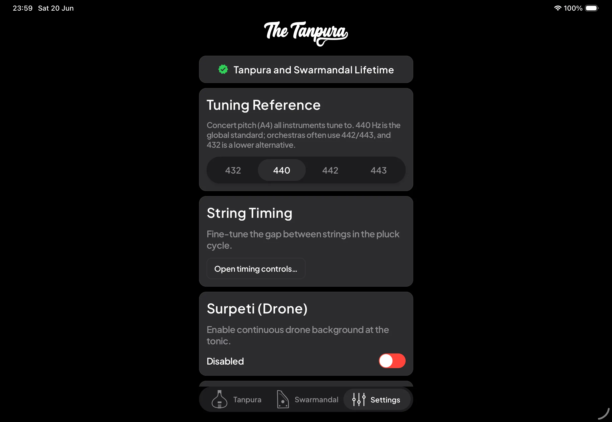 The Settings tab showing the Premium, Tuning Reference, String Timing, Surpeti, Background Play, and Appearance cards