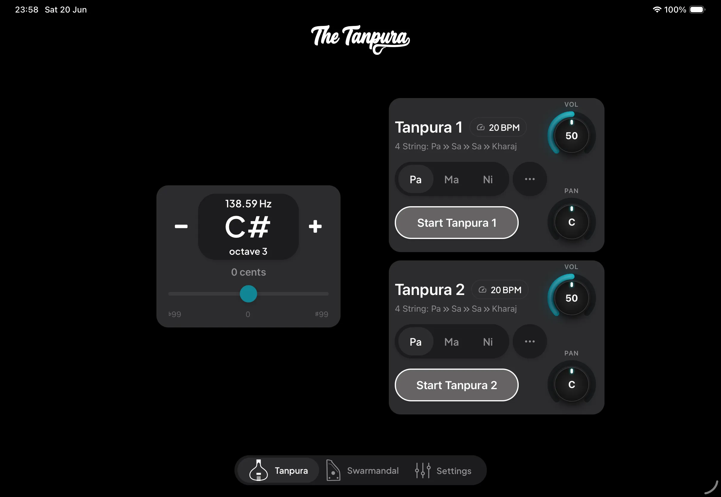 The Tanpura tab showing the first-string pill, the central pitch display, and the volume, cents, and tempo dials