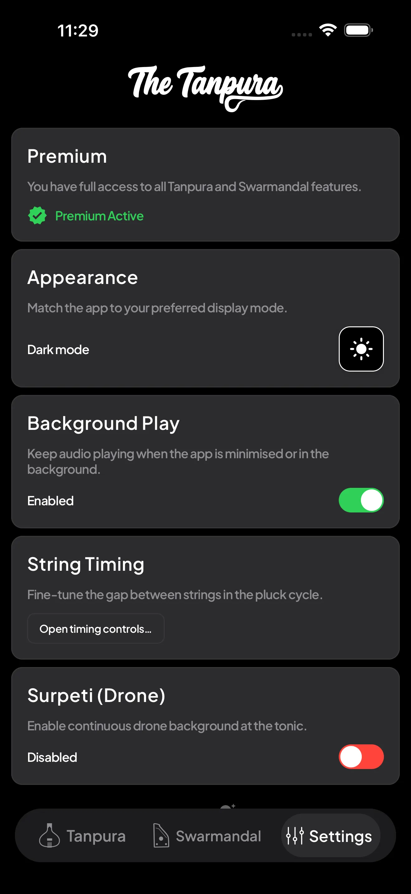 The Settings tab showing the Premium, Appearance, Background Play, String Timing, and Surpeti cards