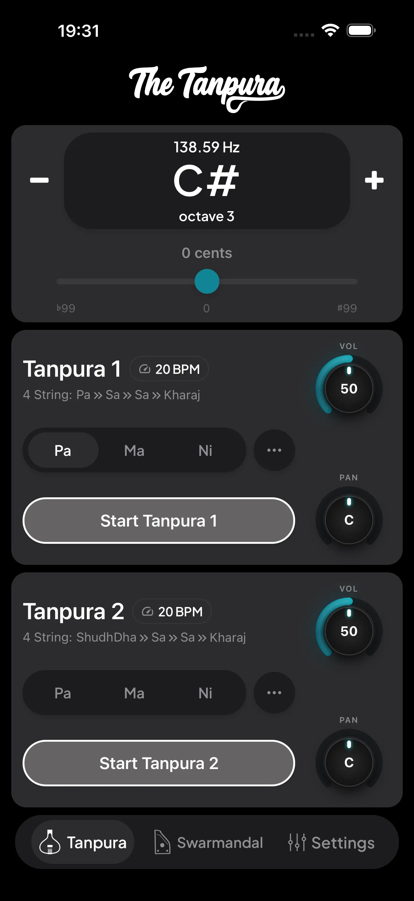 The Tanpura app on iPhone showing the Tanpura tab