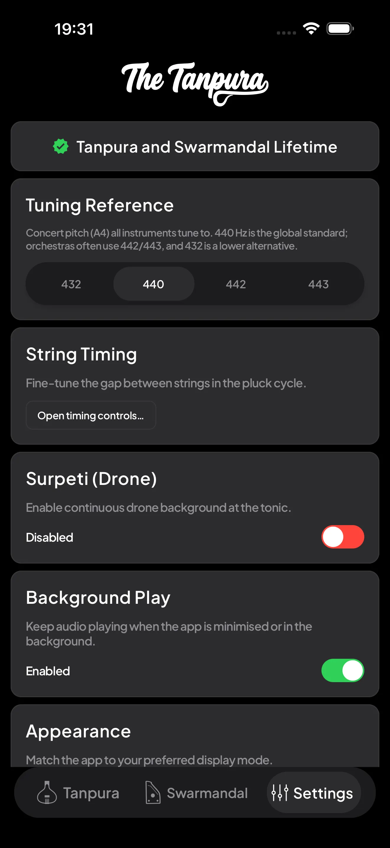 The Settings tab showing the Premium, Tuning Reference, String Timing, Surpeti, Background Play, and Appearance cards