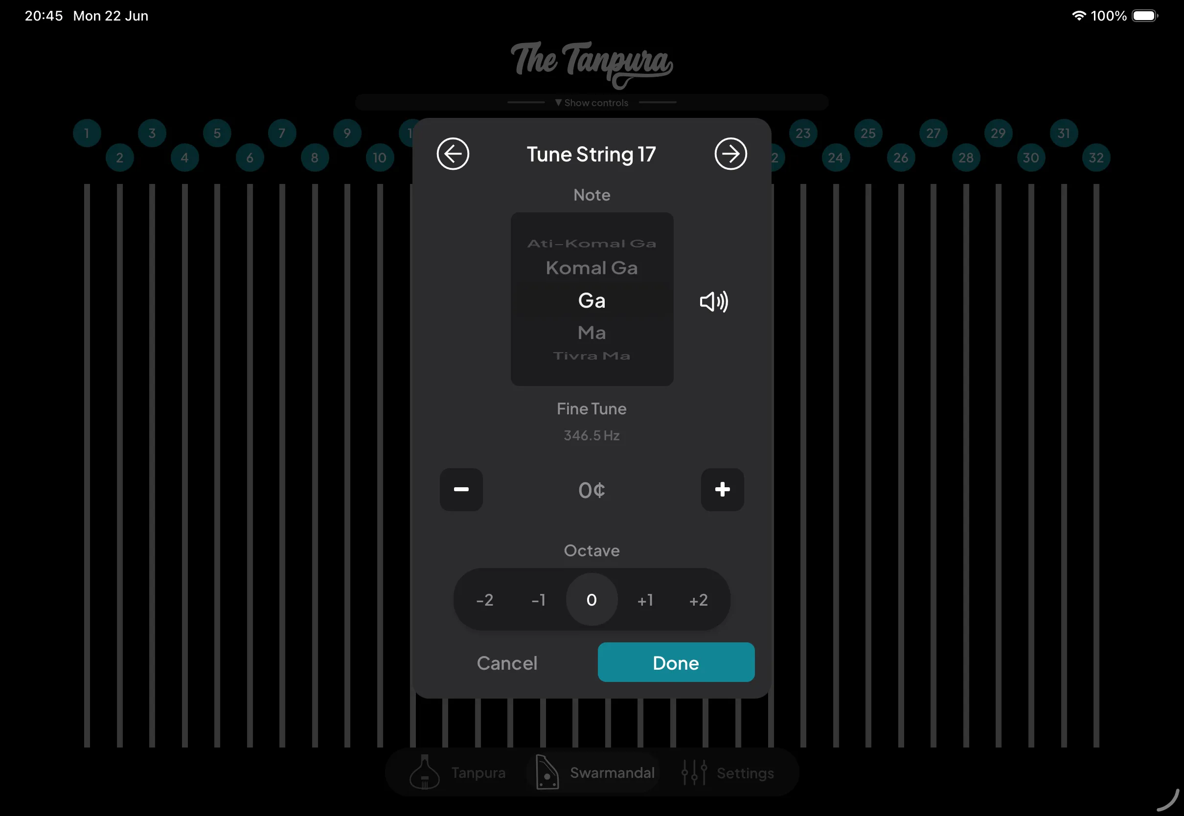 The Tune String modal with a note picker, fine-tune cents slider, and octave selector