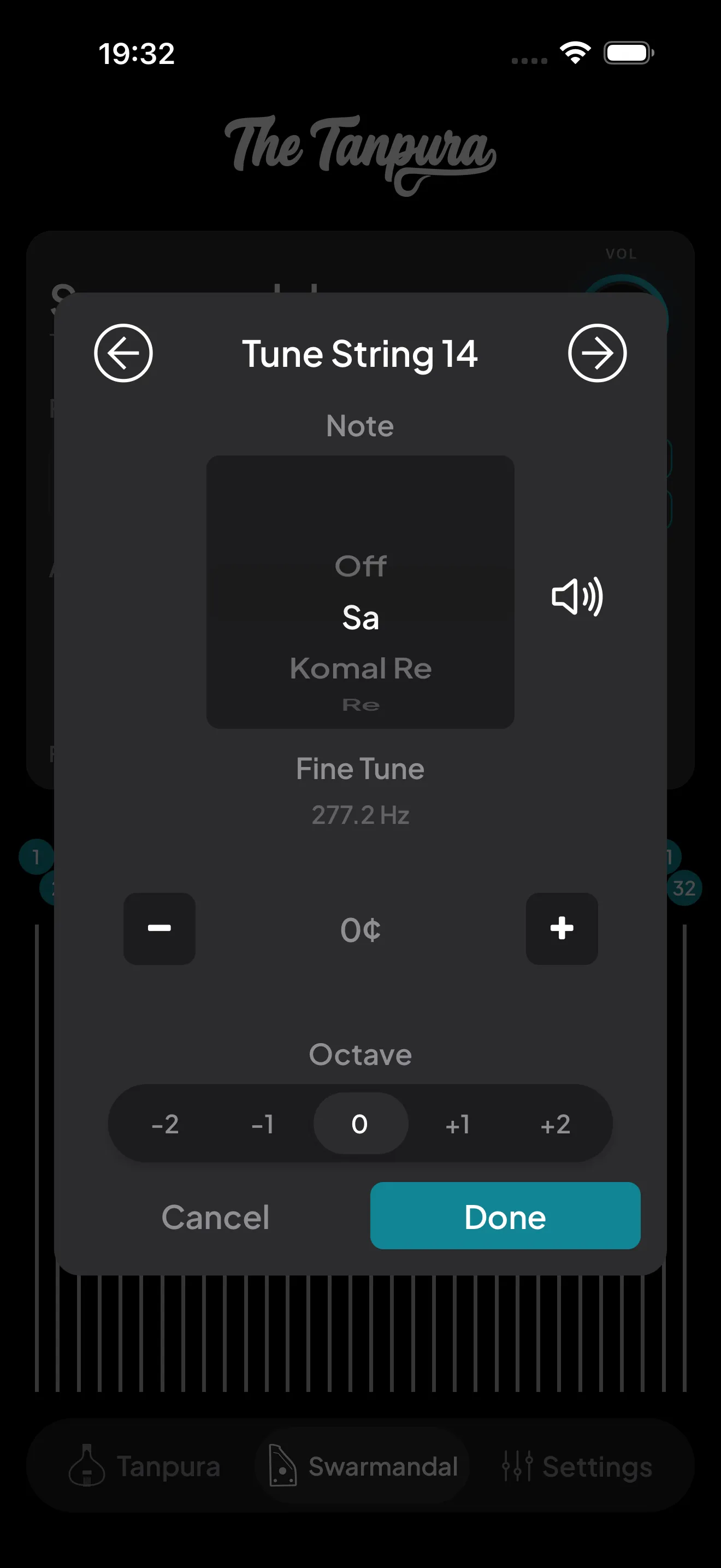 The Tune String modal with a note picker, fine-tune cents slider, and octave selector