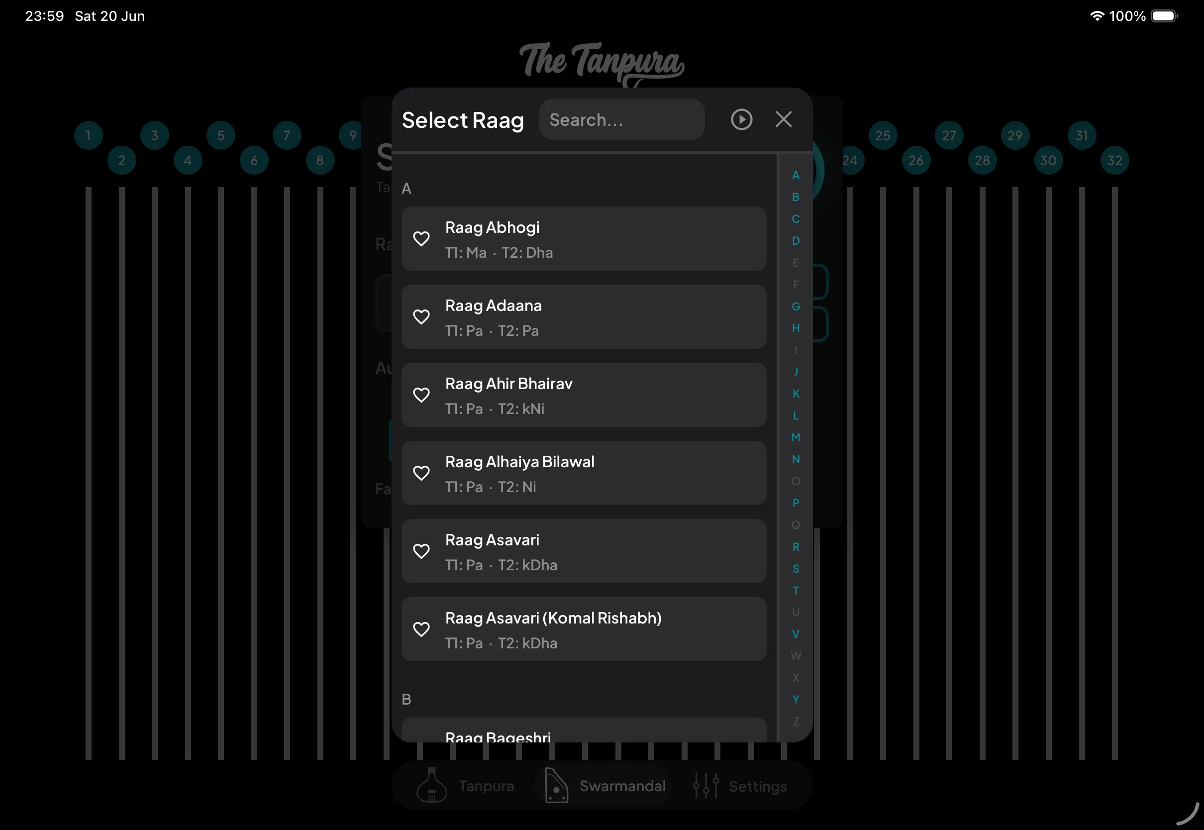 The Select Raag Preset modal with a search field, a Favorites section, and an A–Z index down the side