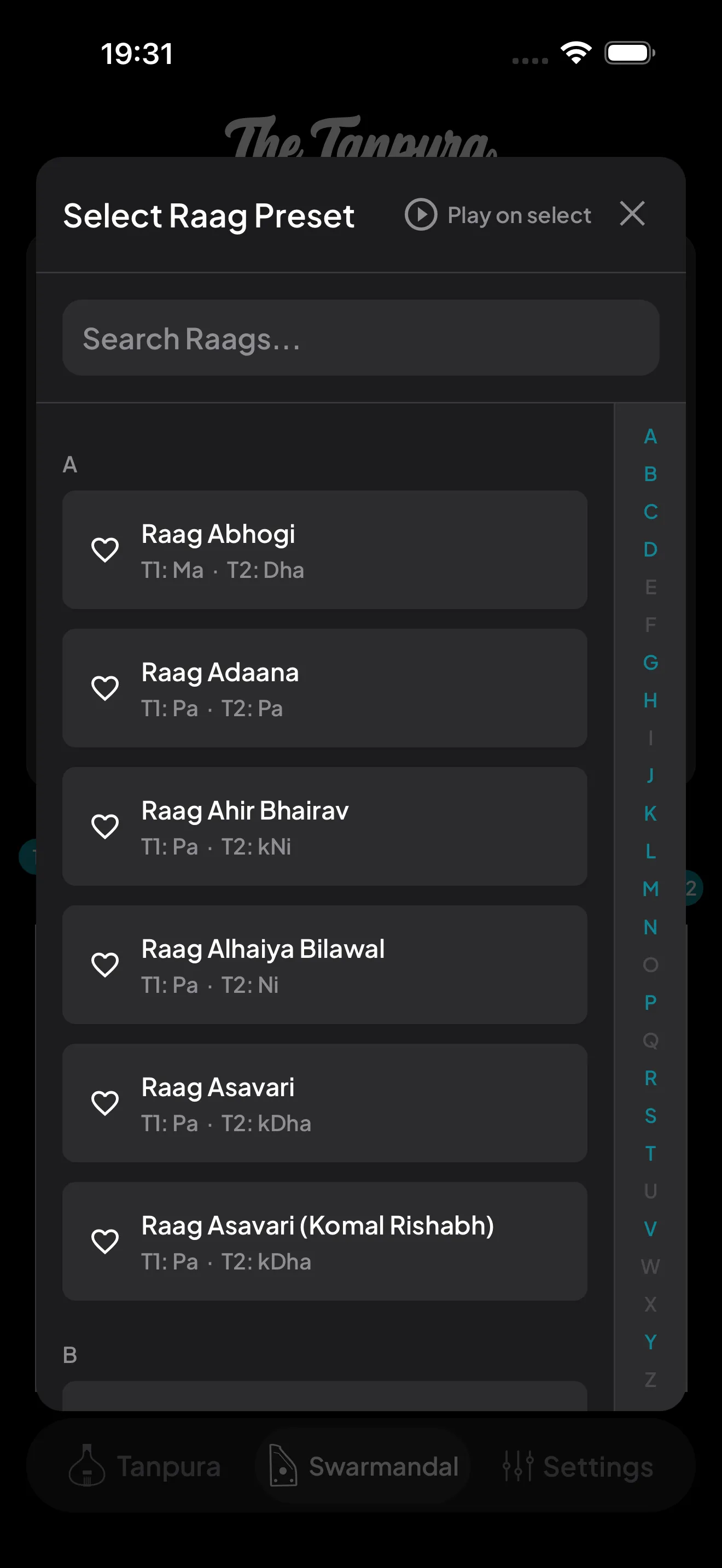 The Select Raag Preset modal with a search field, a Favorites section, and an A–Z index down the side