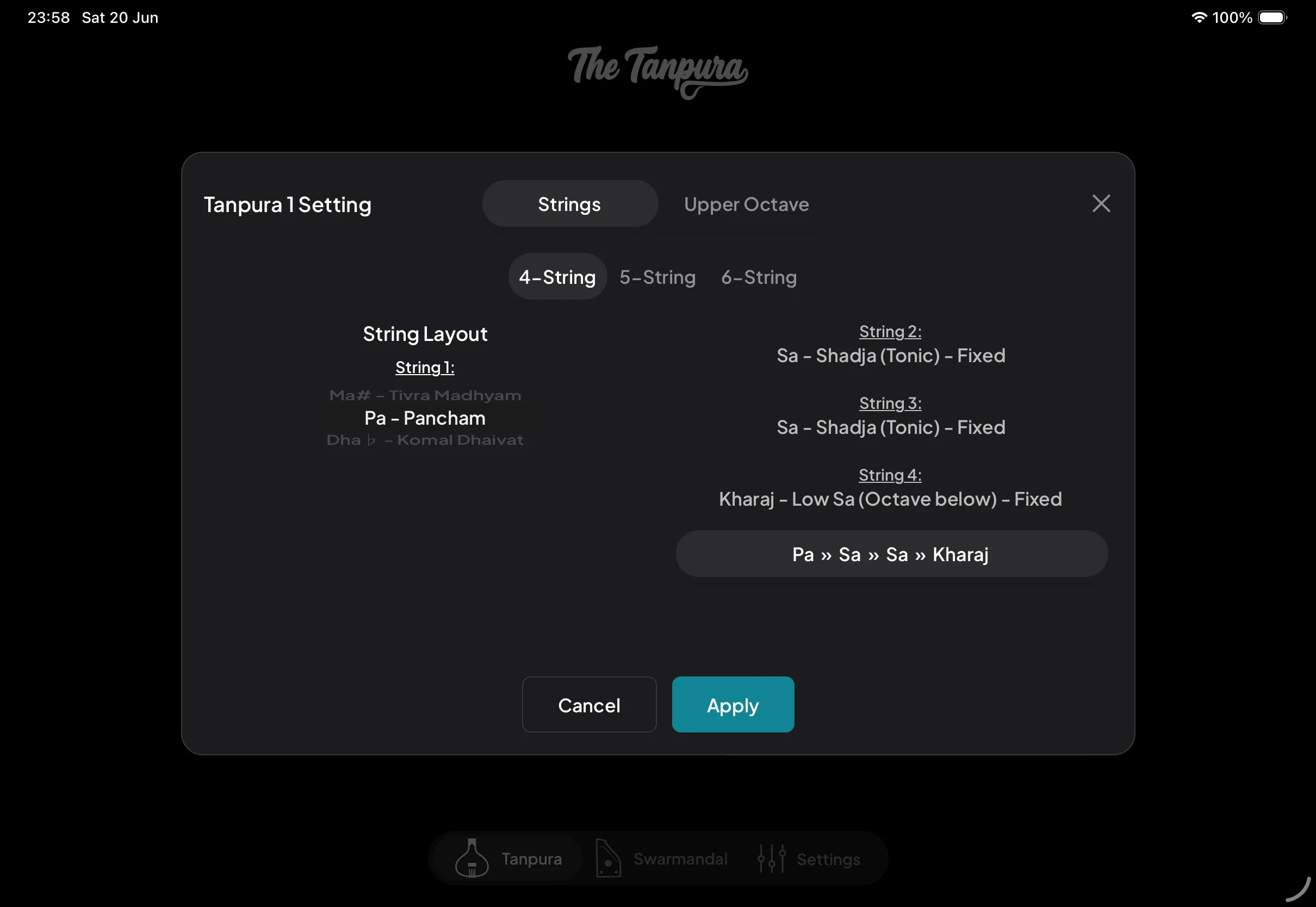 The Tanpura string settings modal showing the 4/5/6-string layout and per-string note pickers