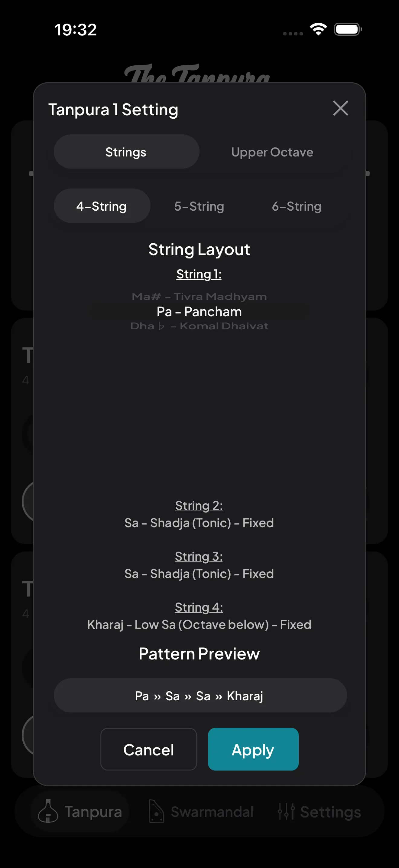 The Tanpura string settings modal showing the 4/5/6-string layout and per-string note pickers