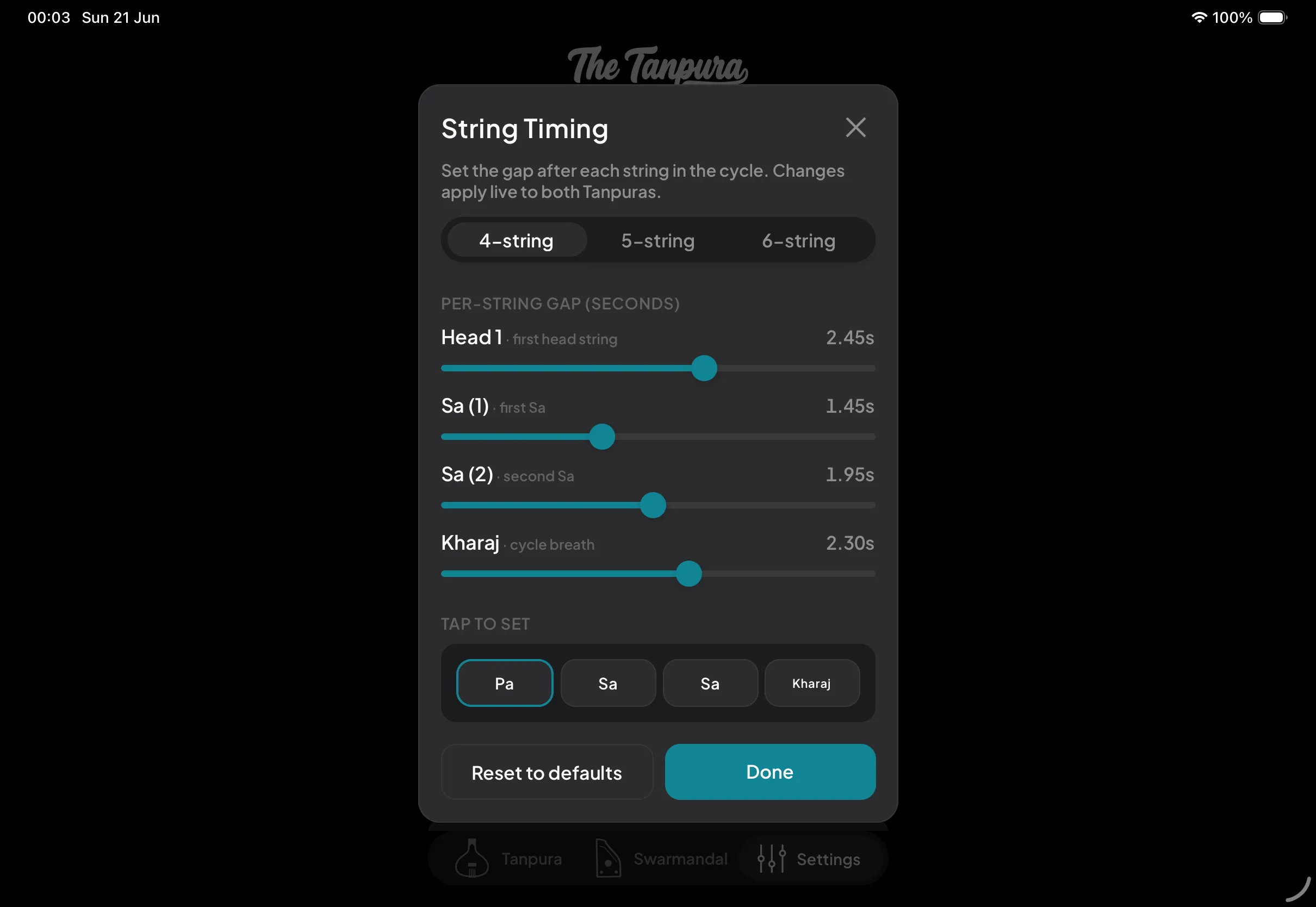 The String Timing modal with a 4-, 5-, and 6-string layout selector at the top, a per-string gap slider for each string in the selected layout, and a tap-to-set keyboard