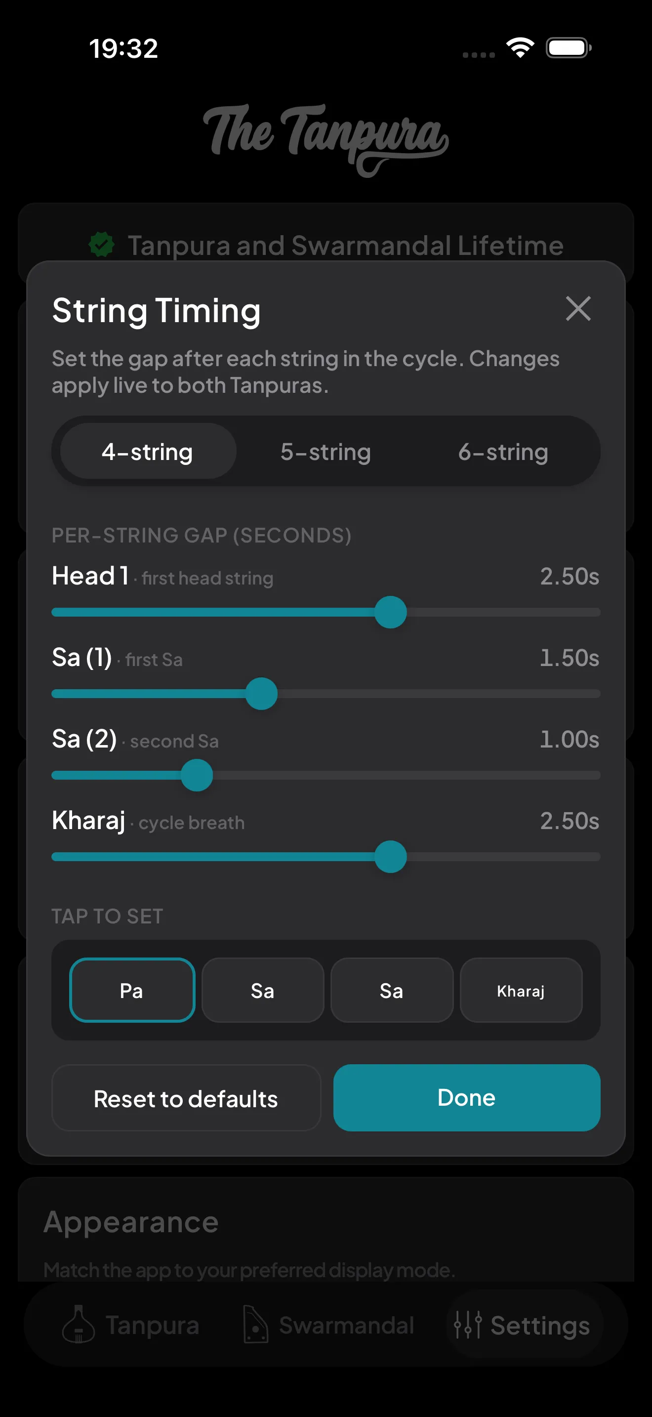 The String Timing modal with a 4-, 5-, and 6-string layout selector at the top, a per-string gap slider for each string in the selected layout, and a tap-to-set keyboard