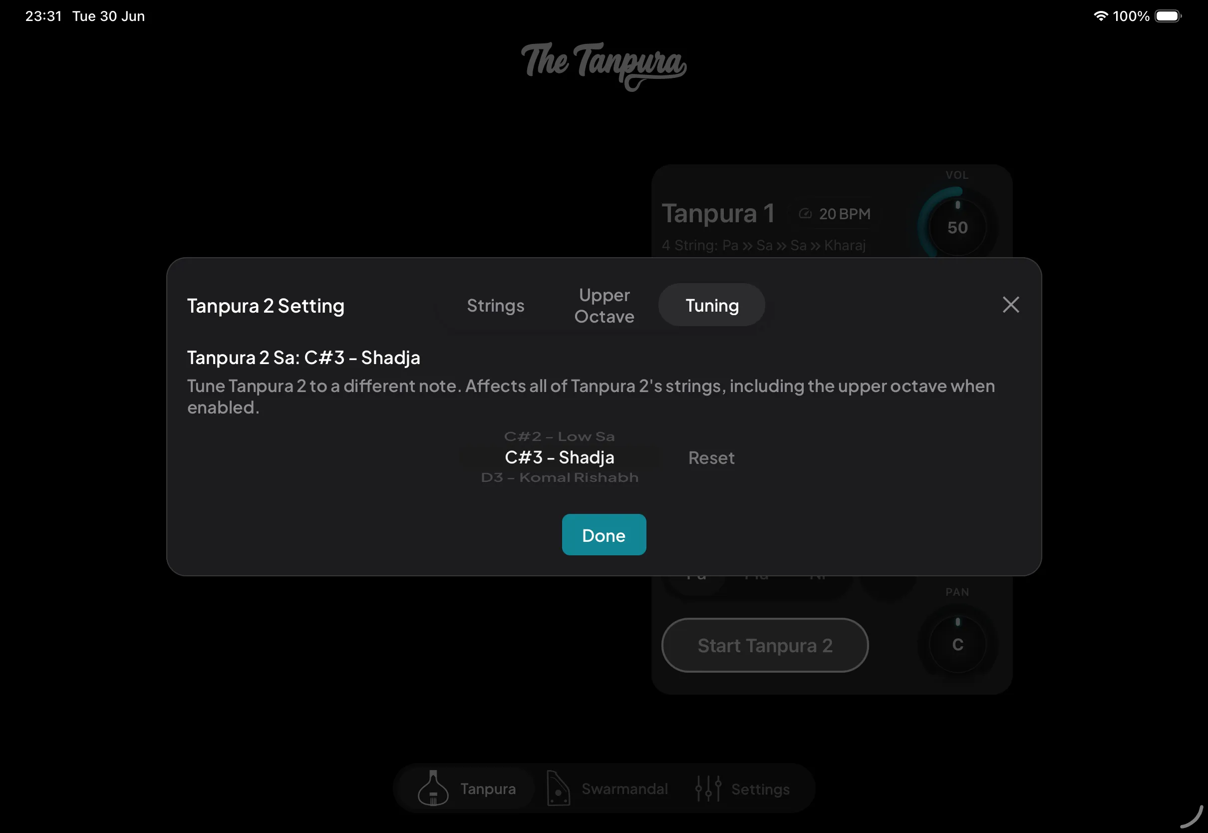 The Tuning tab letting Tanpura 2 take a different Sa from Tanpura 1