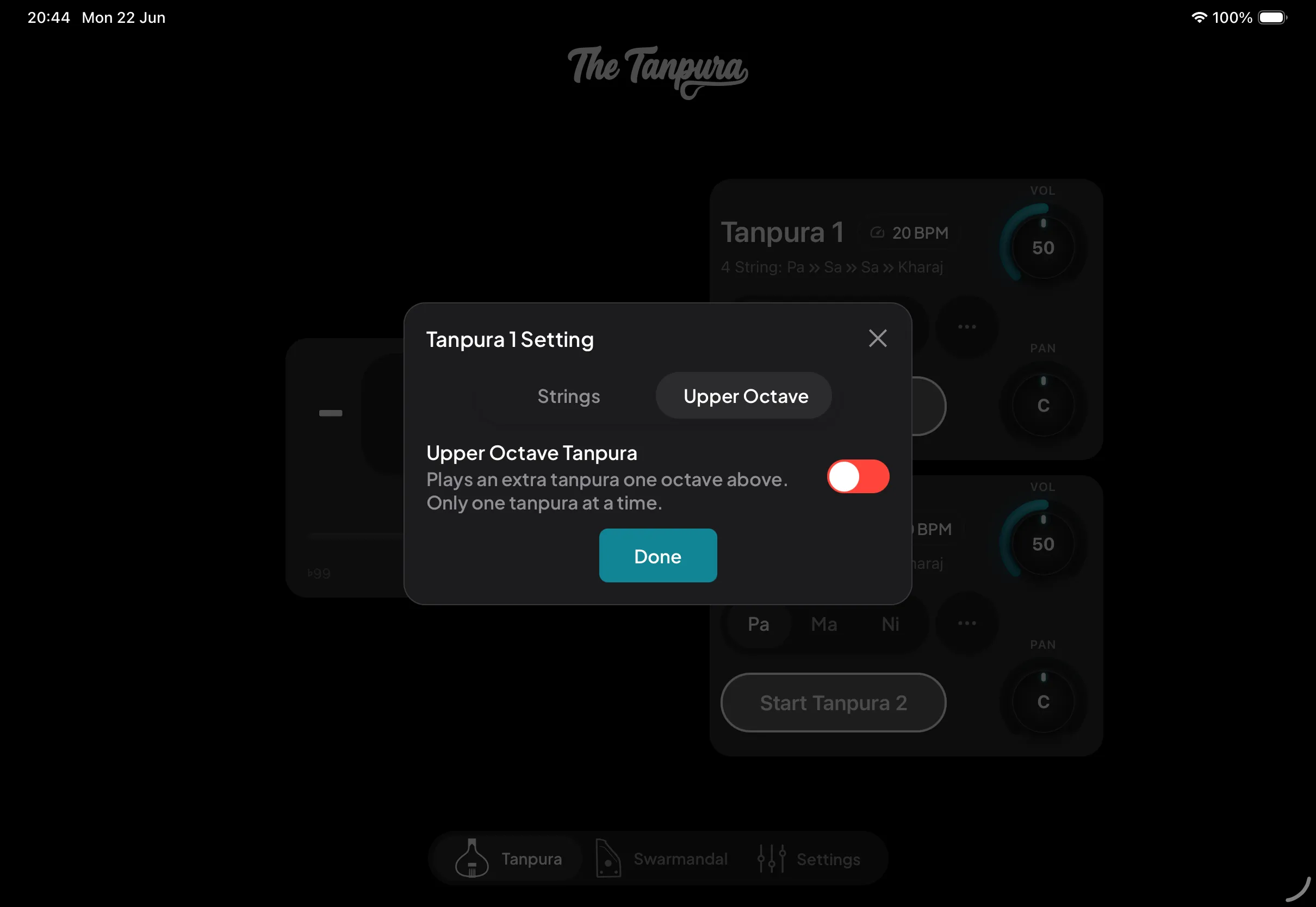 The Upper Octave tab adding a second tanpura an octave above, with its own volume