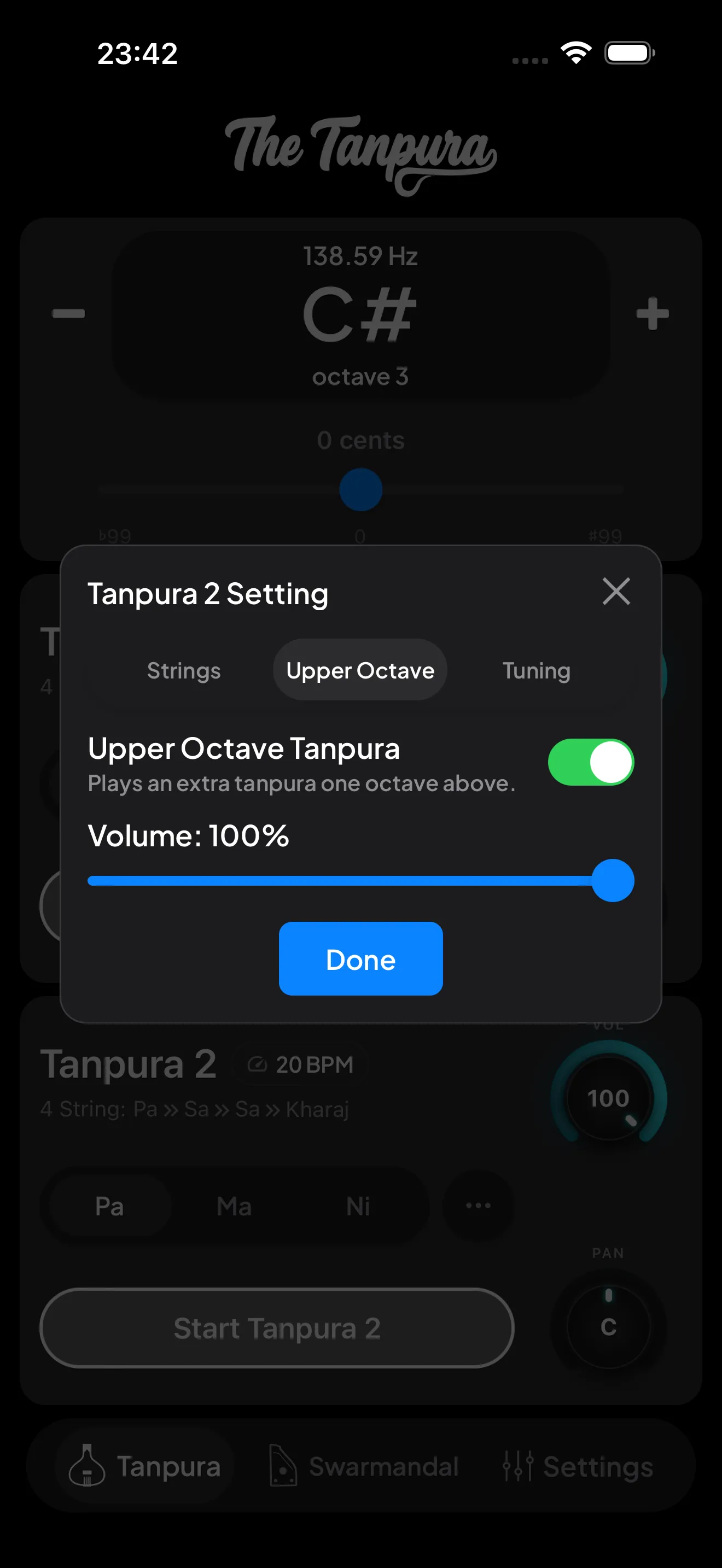 The Upper Octave tab adding a second tanpura an octave above, with its own volume